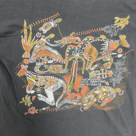Vintage Aboriginal Rock Painting Shirt Mens Medium Black 1980s Australia - Picture 3 of 13